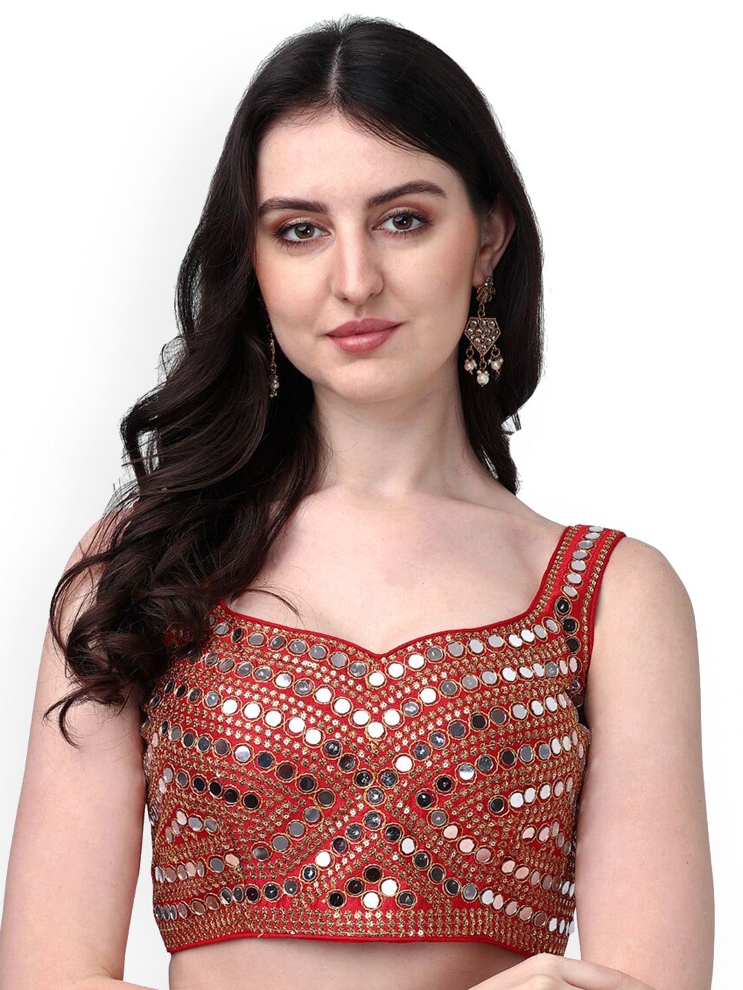 

PUJIA MILLS Mirror Work Embroidered Phantom Silk Saree Blouse, Red
