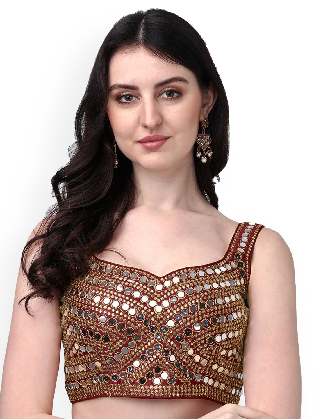 

PUJIA MILLS Mirror Work Embroidered Phantom Silk Saree Blouse, Maroon