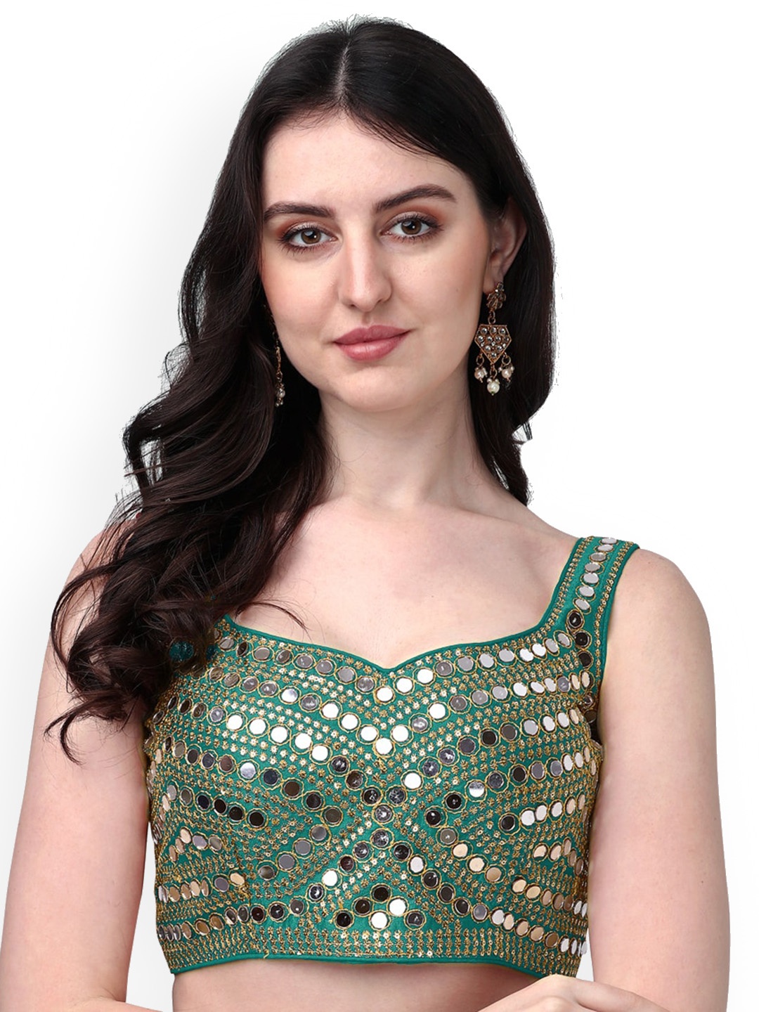 

PUJIA MILLS Mirror Work Embroidered Phantom Silk Saree Blouse, Green