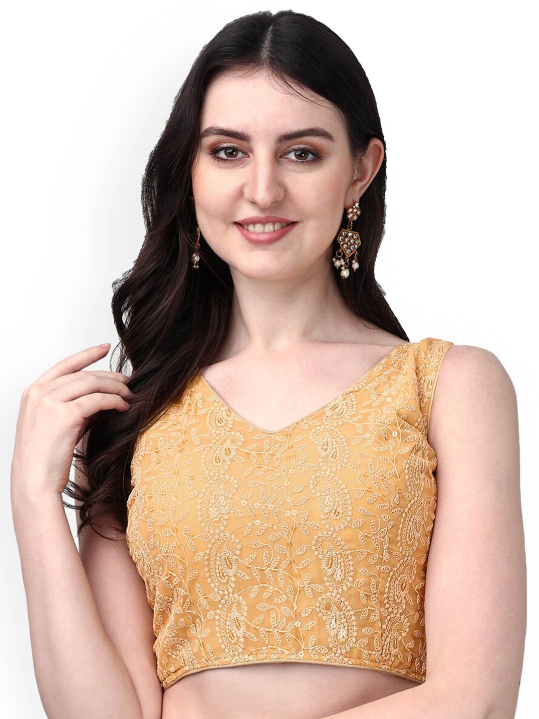 

PUJIA MILLS Embroidered Georgette Padded Saree Blouse, Gold