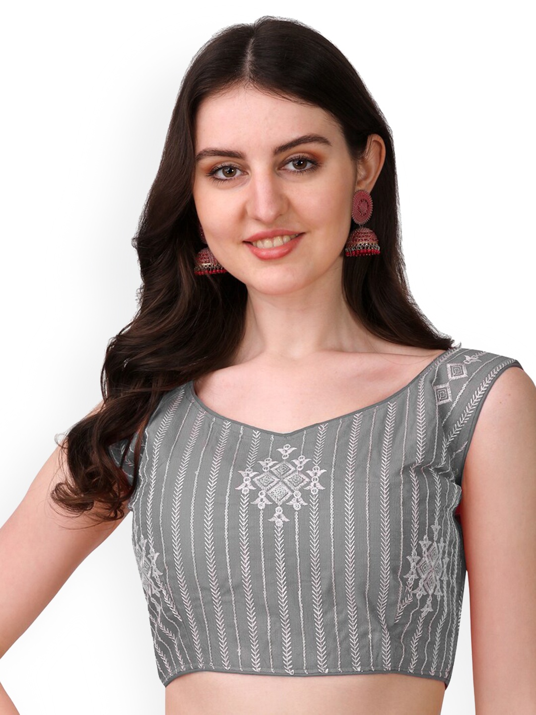 

PUJIA MILLS Embroidered Readymade Saree Blouse, Grey