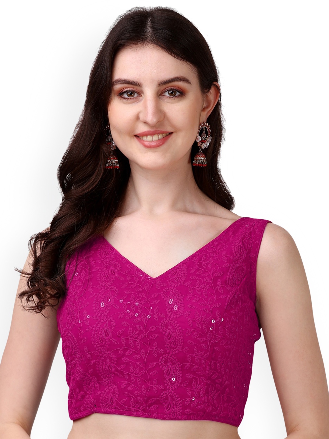 

PUJIA MILLS Embroidered Georgette Padded Saree Blouse, Pink
