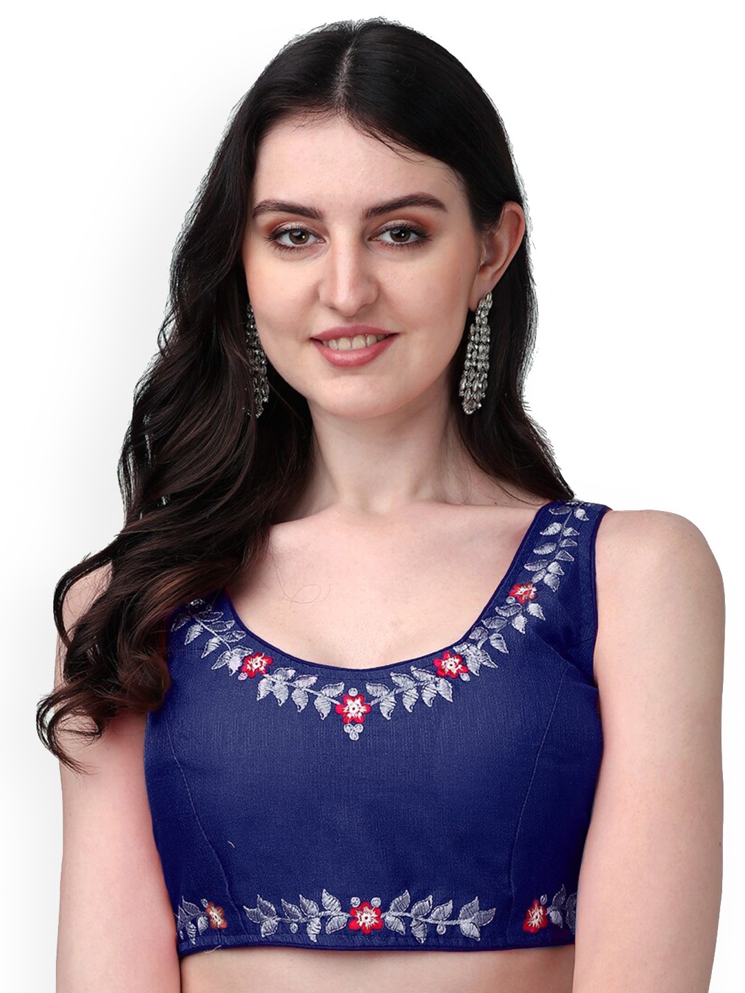 

PUJIA MILLS Embroidered Round-Neck Sleeveless Saree Blouse, Navy blue
