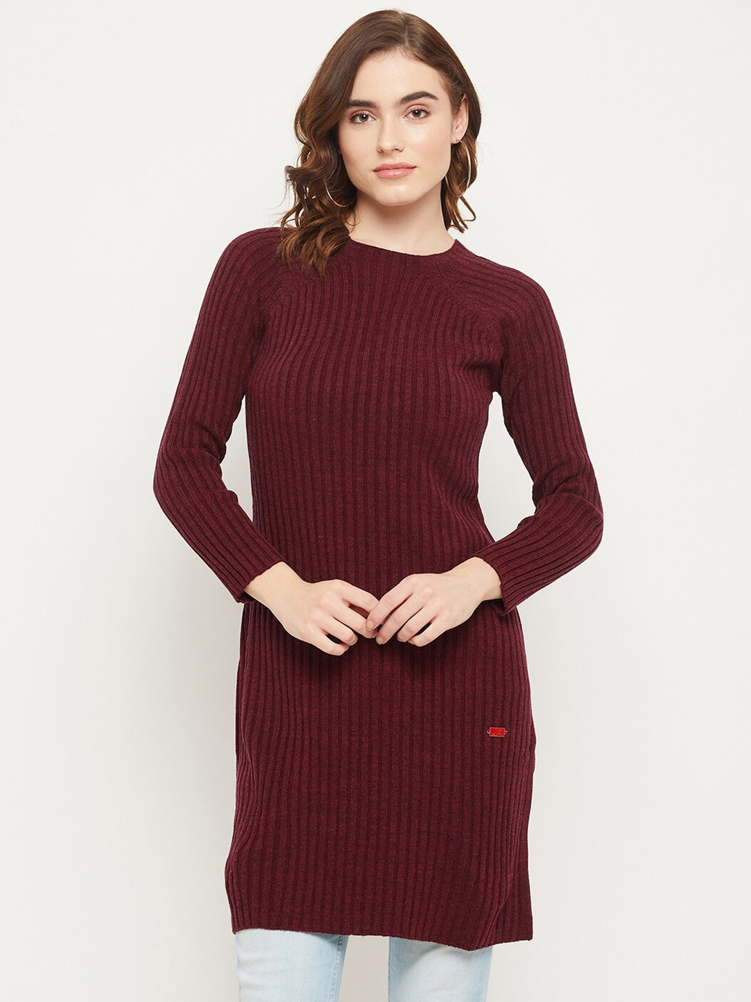 

Duke Women Maroon Solid Longline Acrylic Pullover