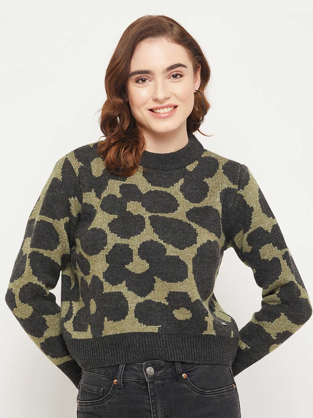 

Duke Women Green & Black Self Design Cable Knit Crop Acrylic Pullover