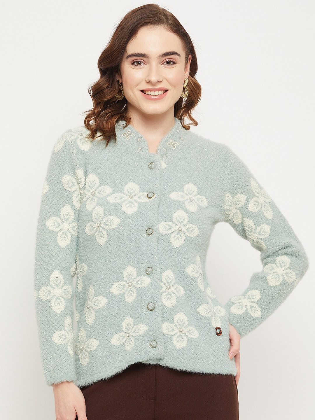 

Duke Women Self Design Cable Knit Band Collar Front Open Acrylic Sweater, Green