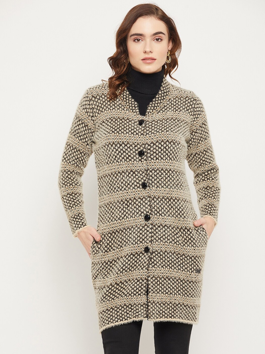 

Duke Women Khaki & Cream Cable Knit Acrylic Longline Cardigan