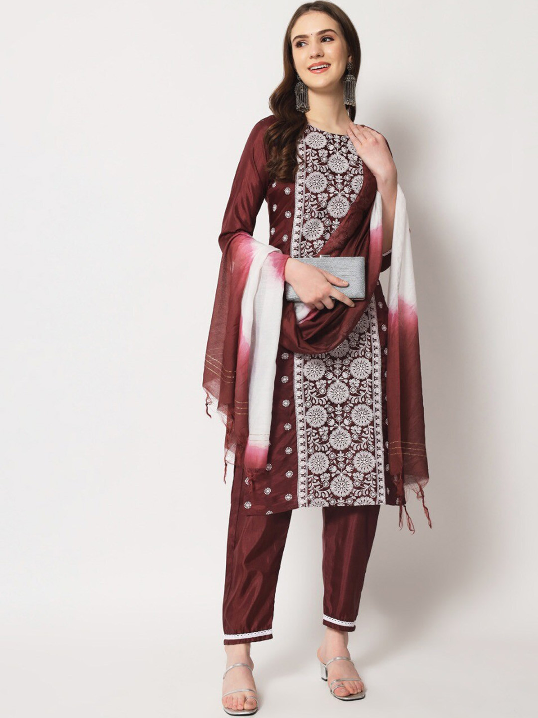 

MORLY Women Floral Embroidered Thread Work Kurta with Trousers & Dupatta, Maroon