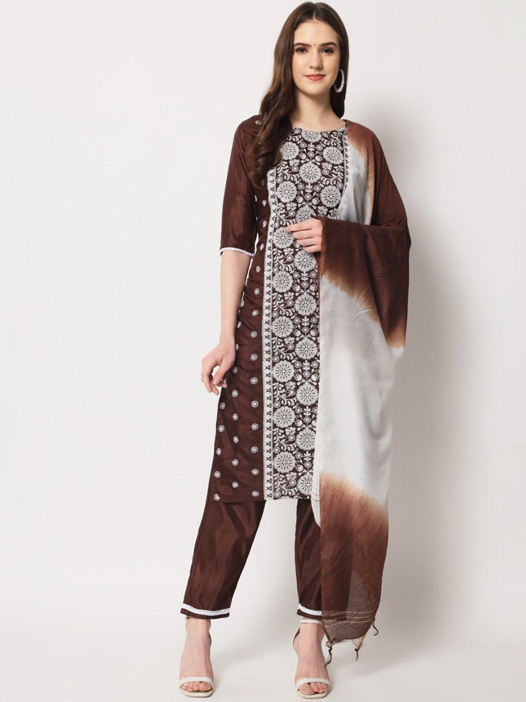 

MORLY Women Floral Embroidered Thread Work Kurta with Trousers & Dupatta, Brown