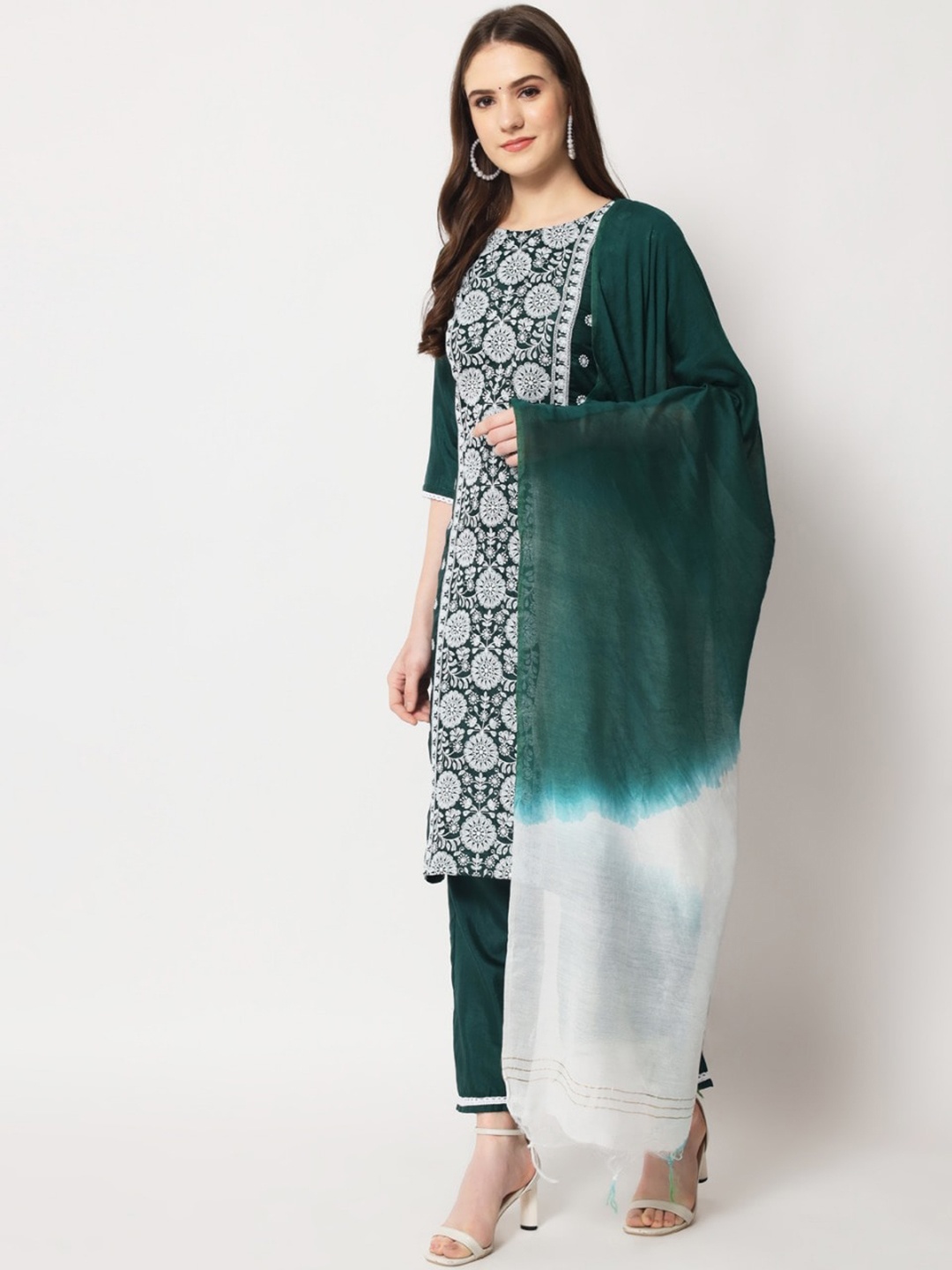

MORLY Women Floral Embroidered Thread Work Kurta with Trousers & Dupatta, Green