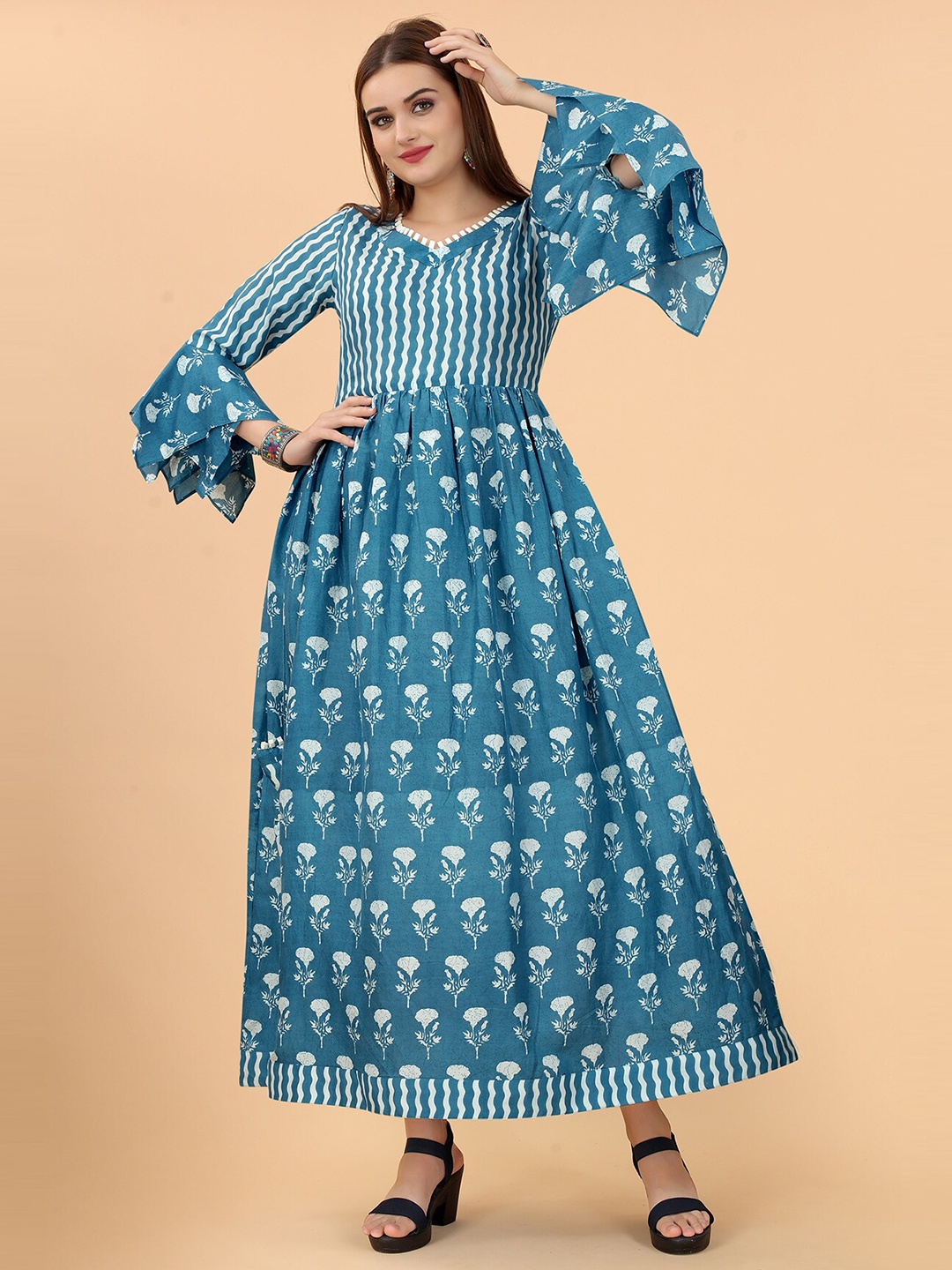

MARGI DESIGNERS Blue Ethnic Motifs Maxi Maxi Dress