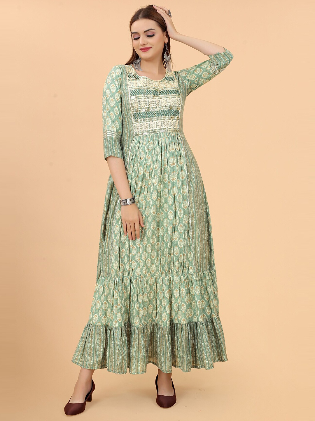 

MARGI DESIGNERS Green Ethnic Motifs Maxi Maxi Dress