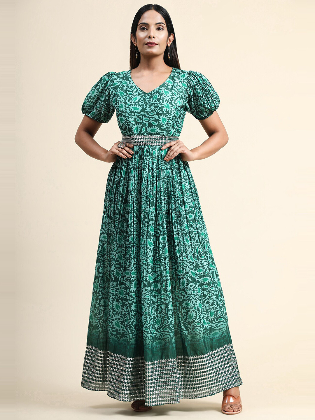 

MARGI DESIGNERS Green Floral Maxi Maxi Dress