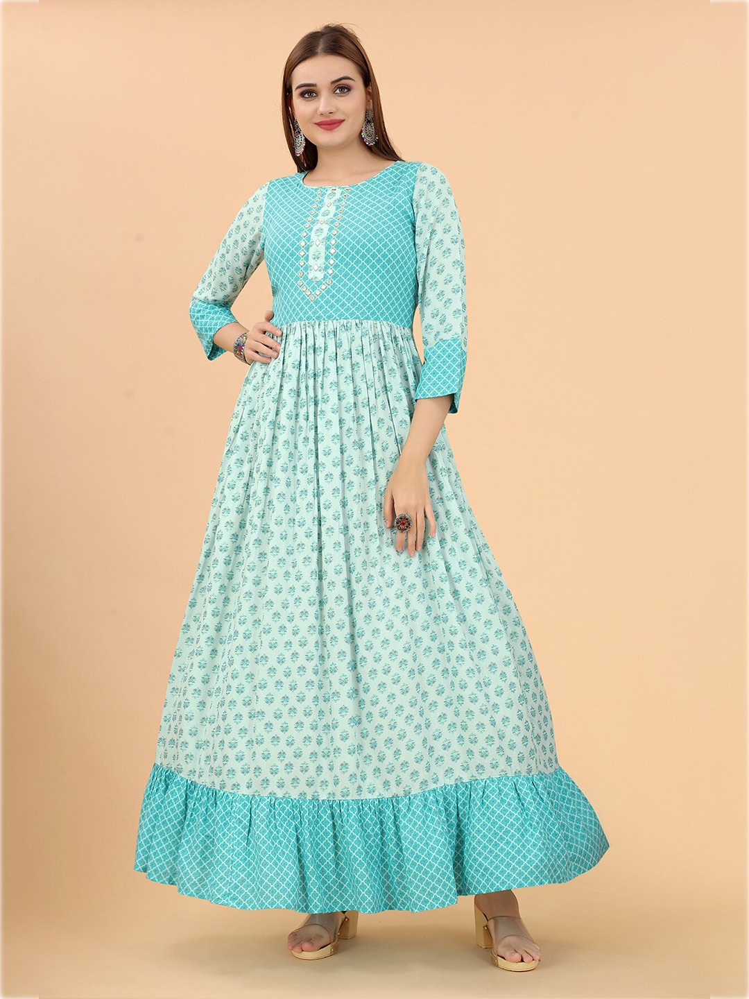 

MARGI DESIGNERS Ethnic Motifs Printed Fit & Flare Maxi Dress, Blue