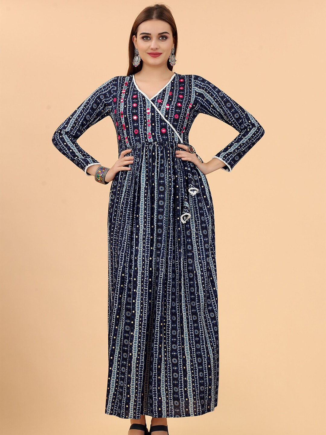 

MARGI DESIGNERS Ethnic Motifs Printed Maxi Wrap Dress, Blue