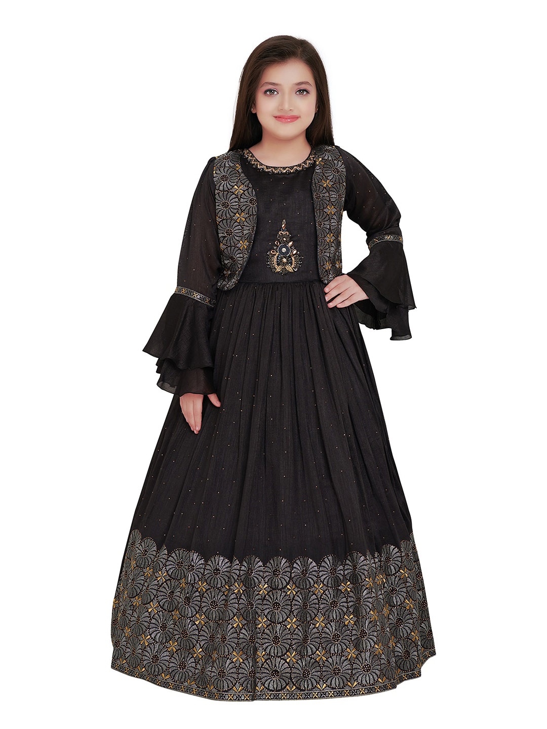 

BETTY Embellished Bell Sleeve Fit & Flare Maxi Dress with Jacket, Grey