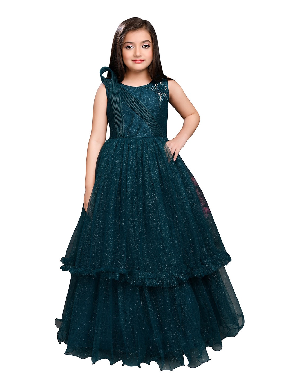 

BETTY Round Neck Fit & Flare Net Maxi Dress, Teal