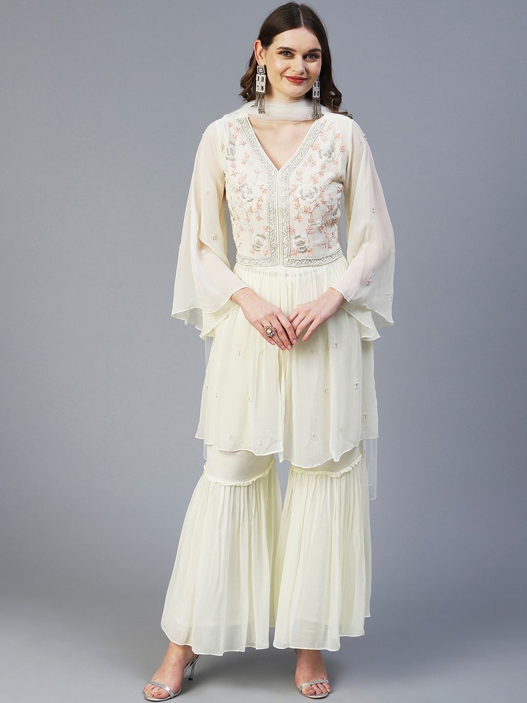 

FASHOR Women Floral Embroidered Beads and Stones Kurti with Sharara & Dupatta, Cream