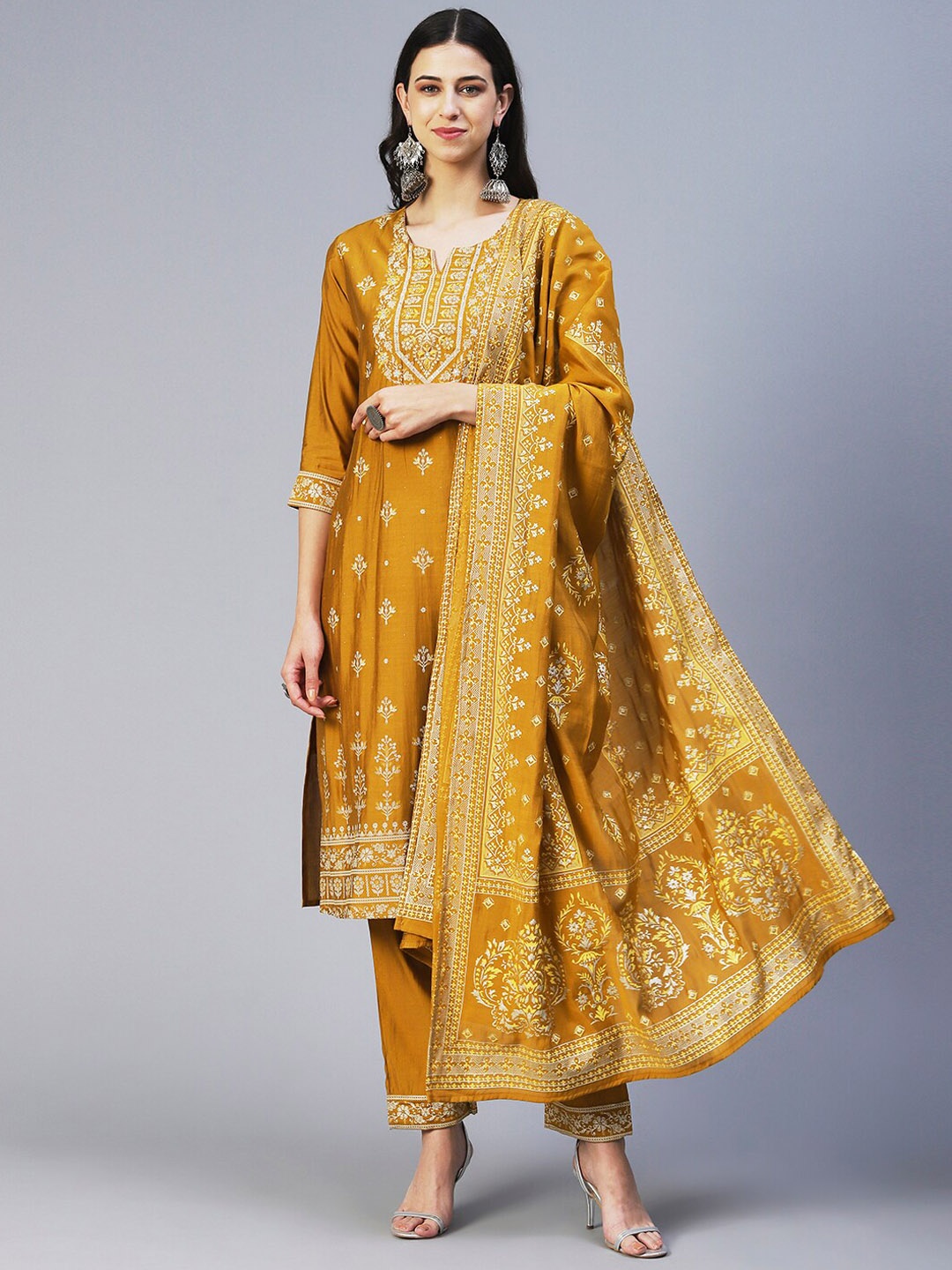 

FASHOR Women Ethnic Motifs Printed Kurta with Trousers & Dupatta, Mustard