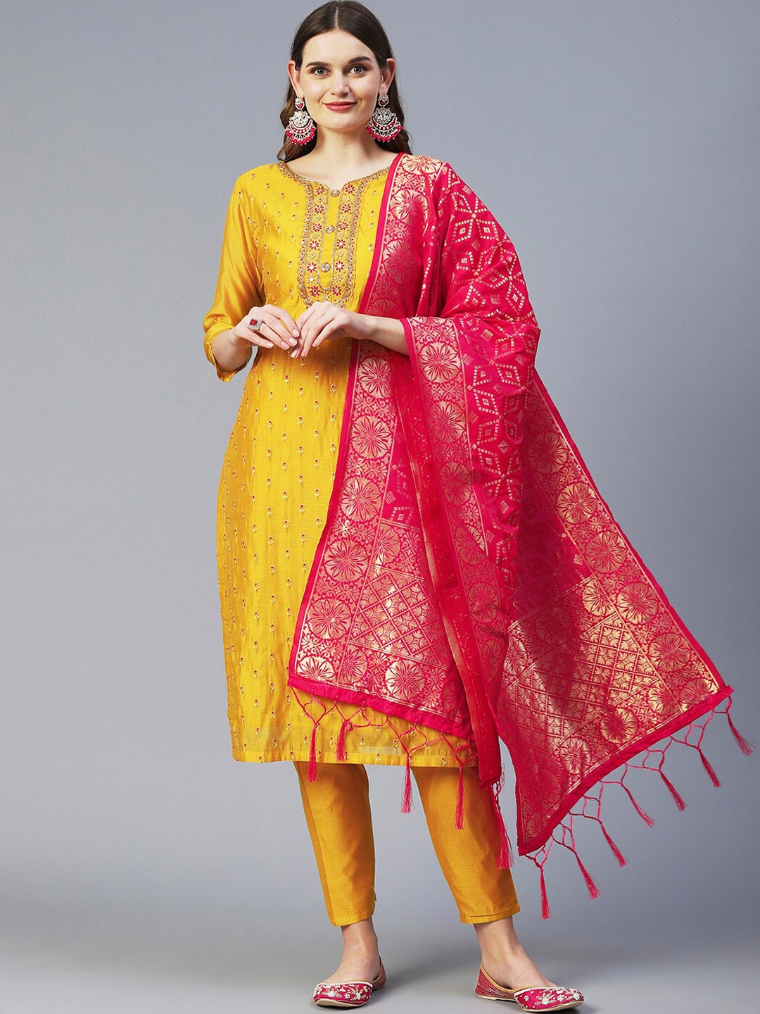 

FASHOR Women Ethnic Motifs Embroidered Thread Work Kurta with Trousers & With Dupatta, Mustard