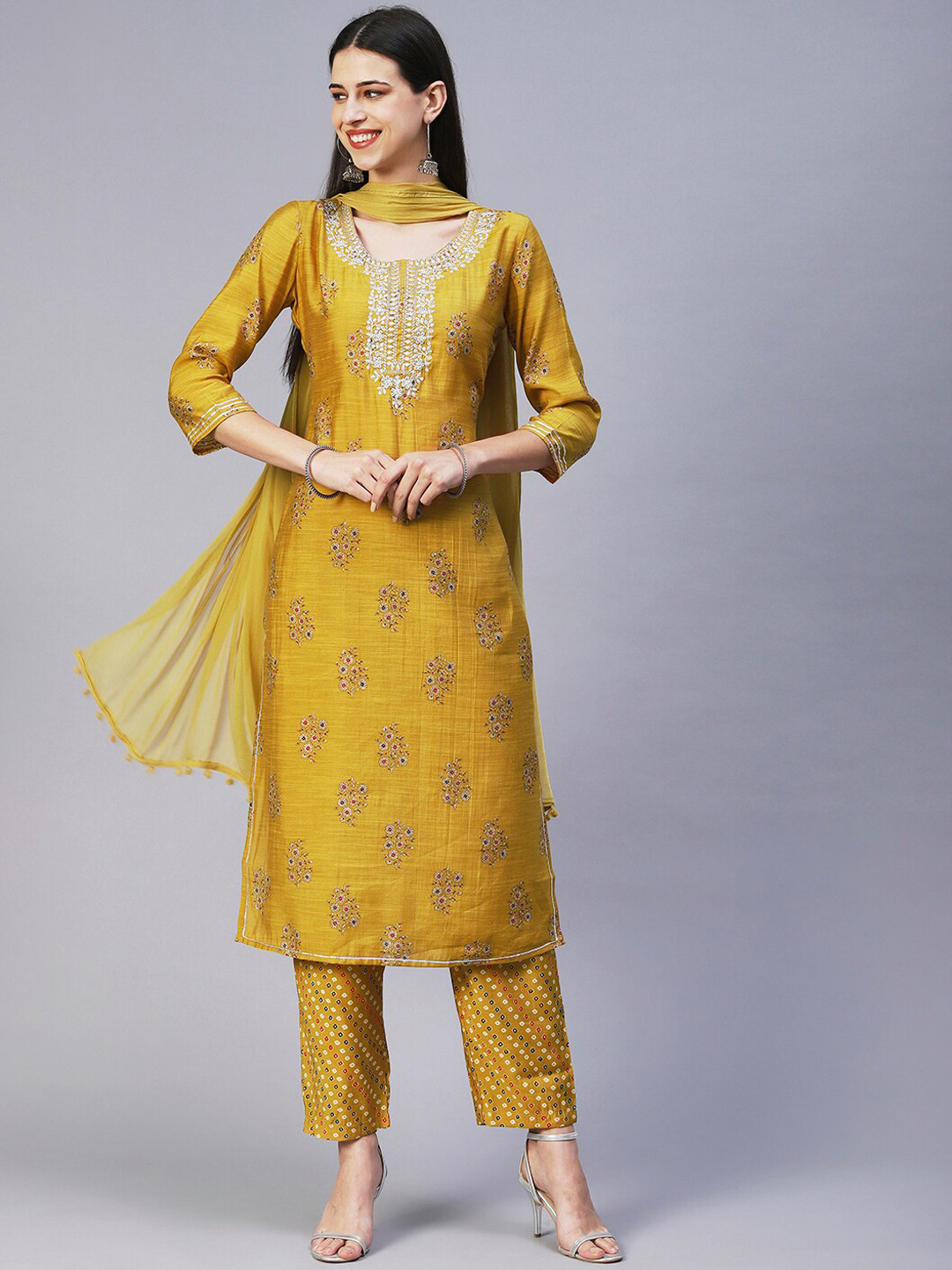 

FASHOR Women Floral Embroidered Thread Work Kurta with Trousers & With Dupatta, Mustard