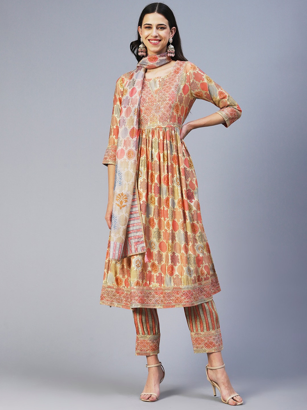 

FASHOR Women Embroidered Pleated Sequinned Kurta with Trousers & With Dupatta, Brown