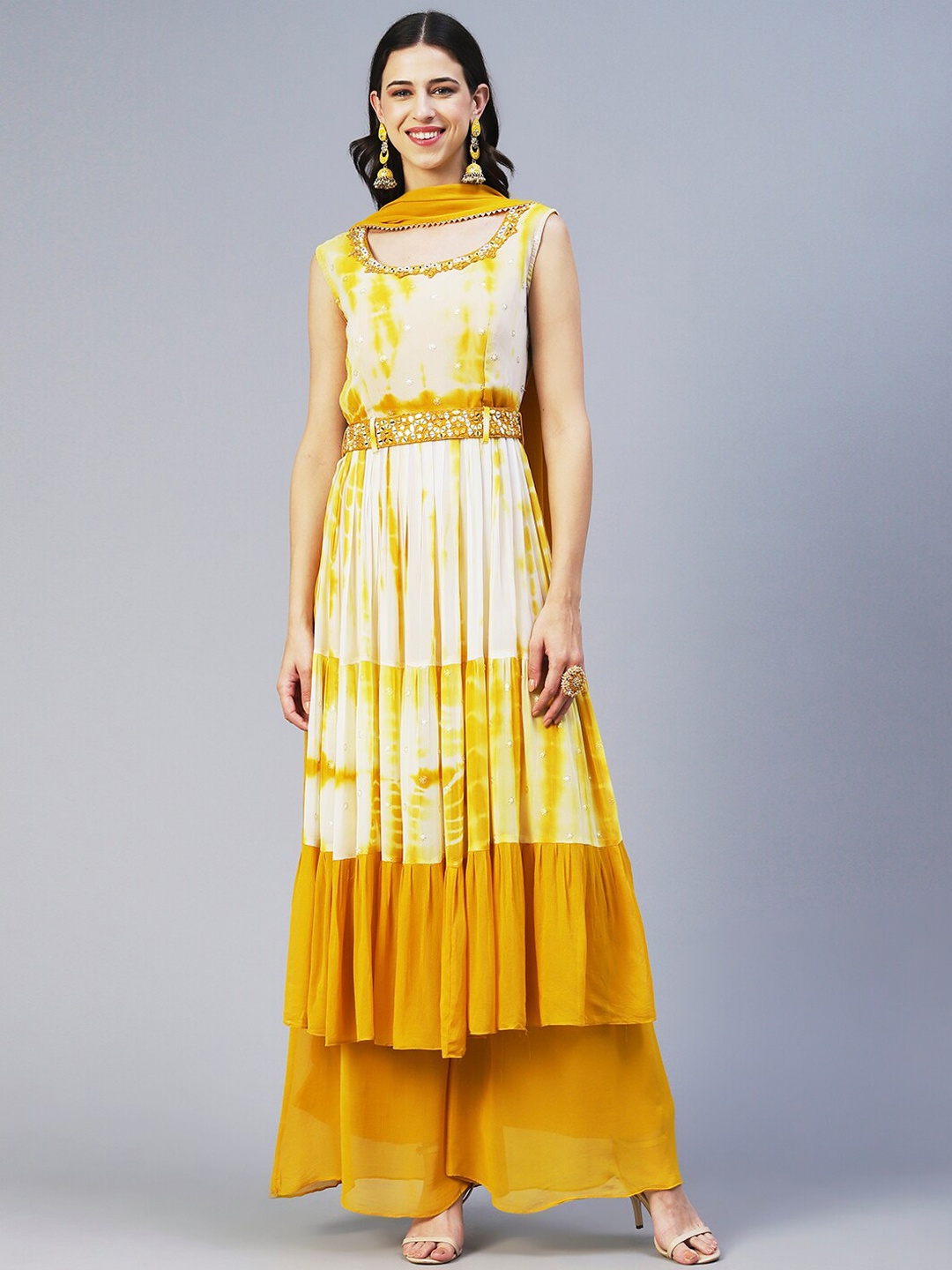 

FASHOR Women Dyed Mirror Work Kurta with Palazzos & With Dupatta, Mustard