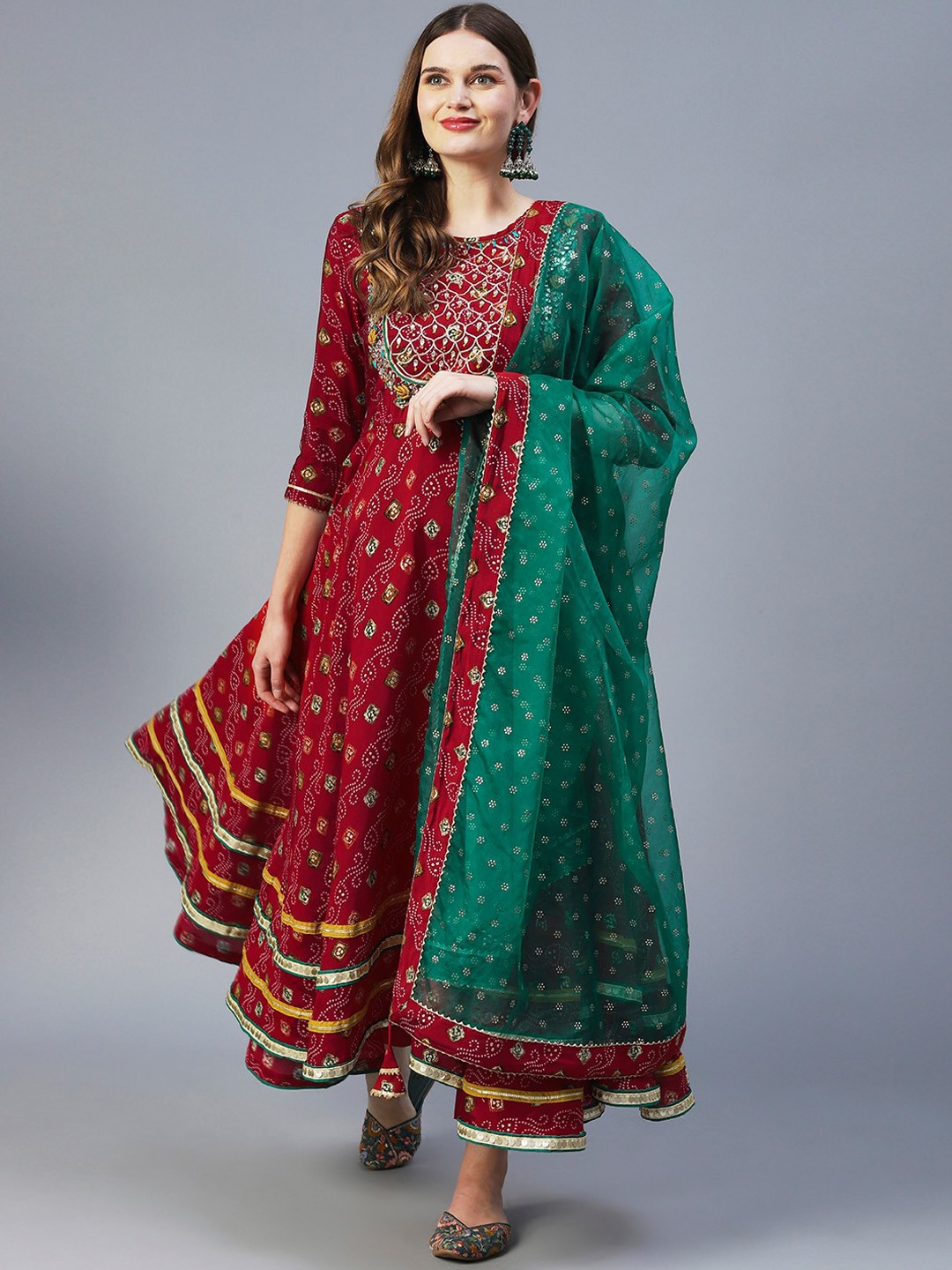 

FASHOR Women Bandhani Printed Empire Gotta Patti Kurta with Trousers & With Dupatta, Red