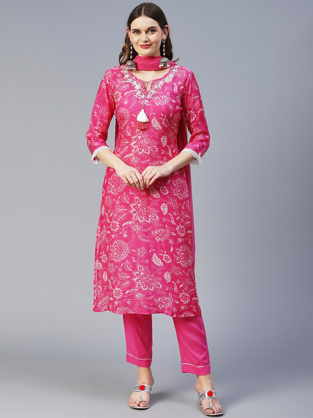 

FASHOR Women Floral Printed Mirror Work Kurta with Trousers & With Dupatta, Pink