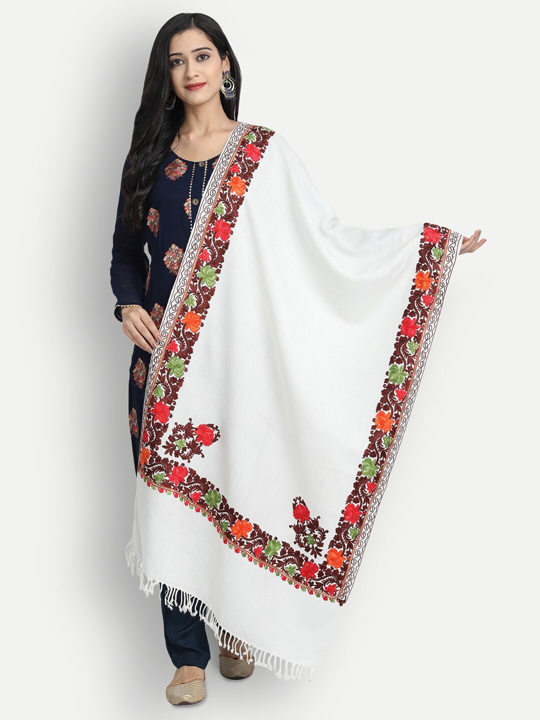 

Zamour Women Embroidered Acrylic Stole, White