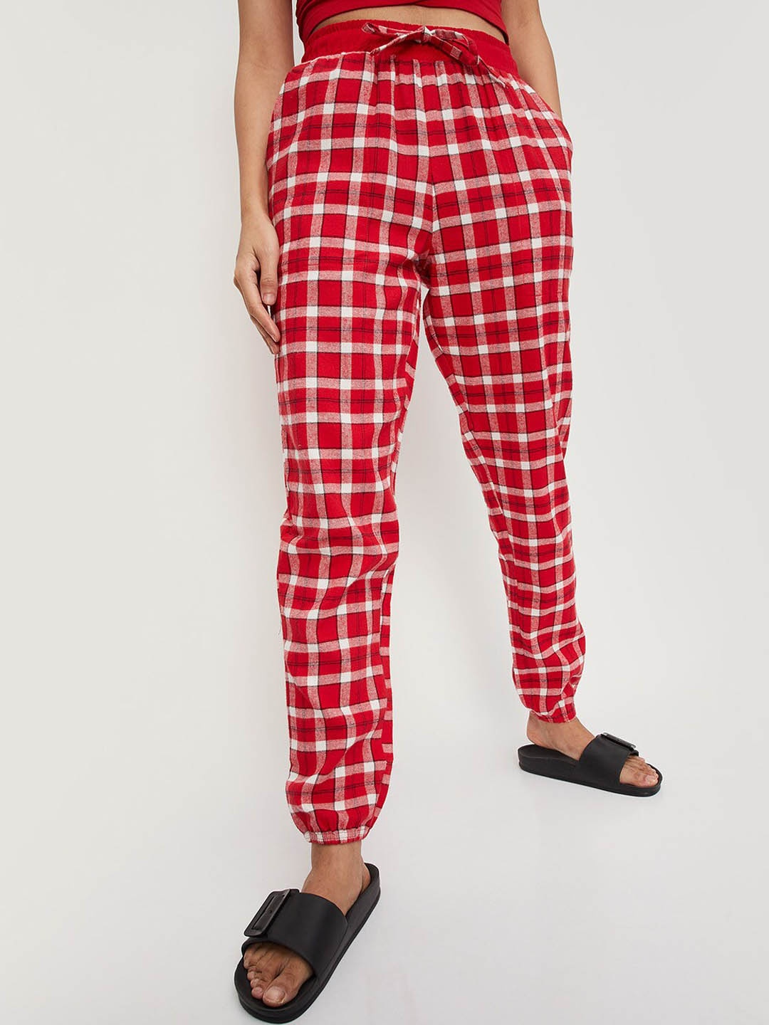 

max Women Checked Cotton Lounge Pants, Red