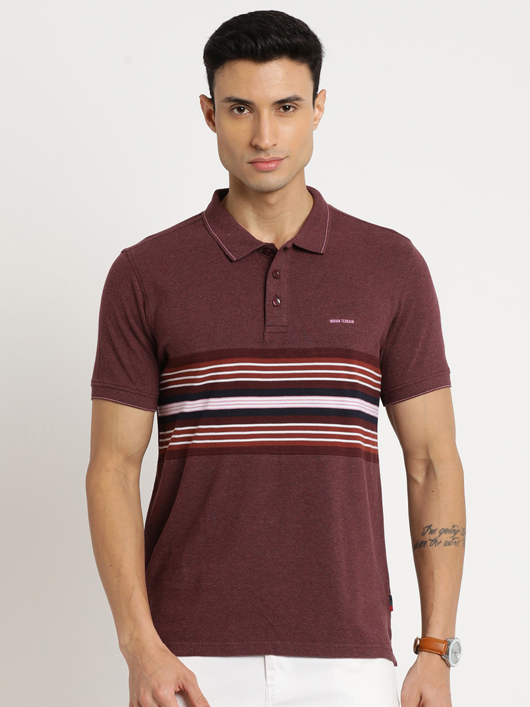 

Indian Terrain Men Striped Polo Collar Slim Fit Cotton T-shirt, Brown