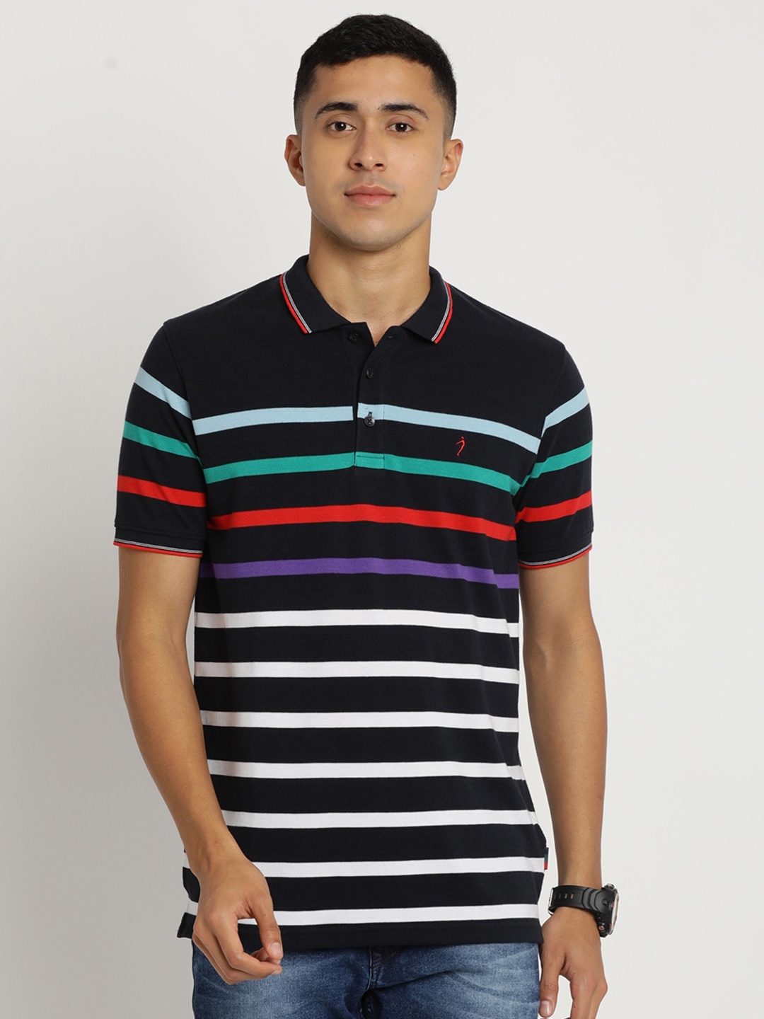 

Indian Terrain Men Striped Polo Collar Slim Fit T-shirt, Blue