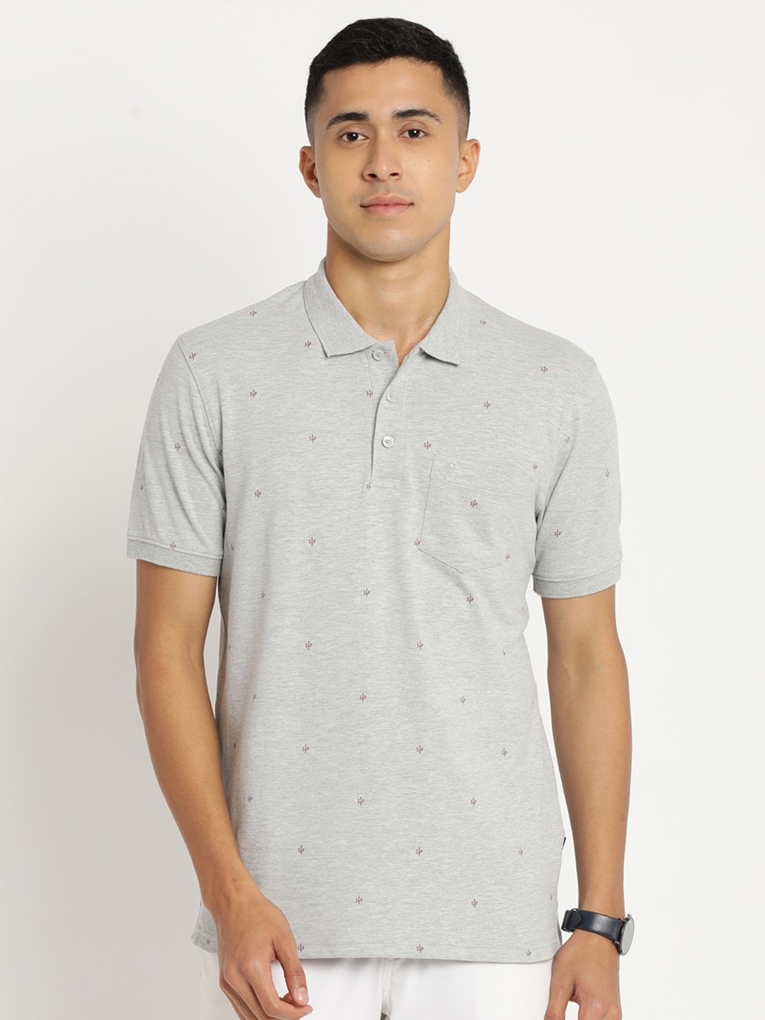 

Indian Terrain Men Cotton Printed Polo Collar T-shirt, Grey