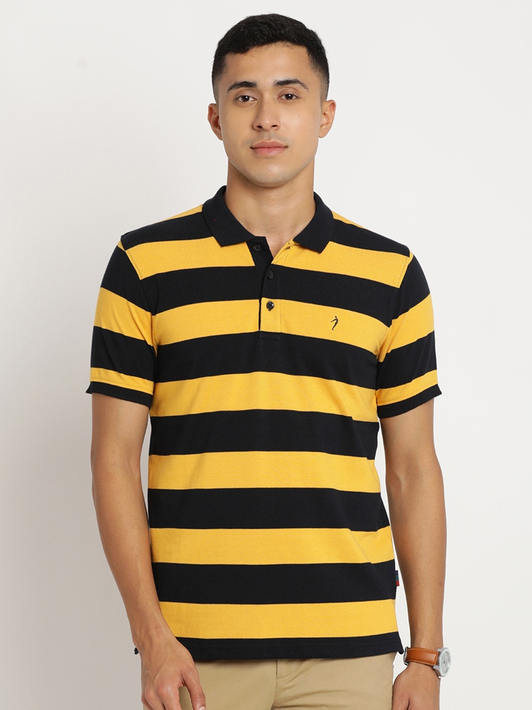 

Indian Terrain Men Striped Polo Collar Cotton Slim Fit T-shirt, Yellow