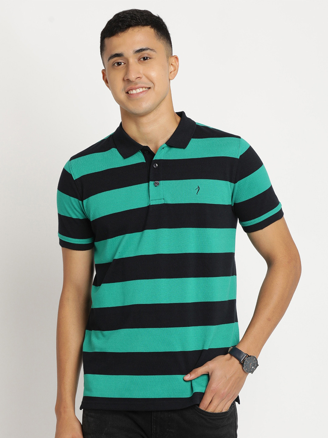 

Indian Terrain Men Striped Polo Collar Cotton Slim Fit T-shirt, Sea green
