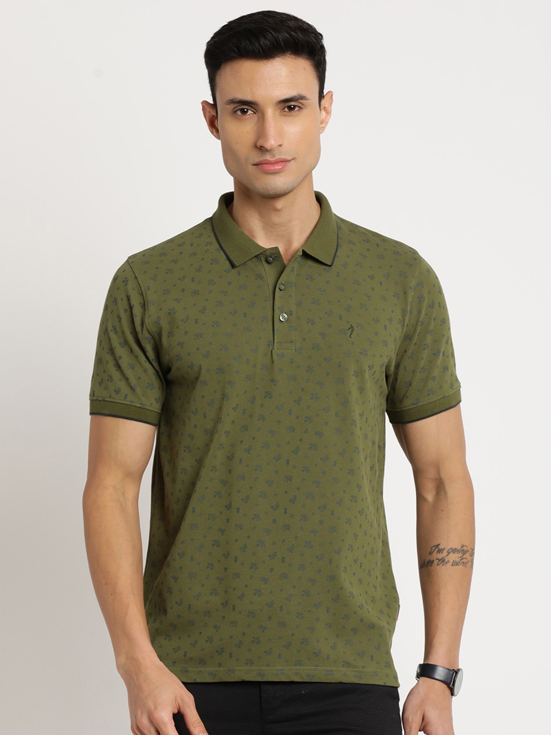 

Indian Terrain Men Printed Polo Collar Cotton Slim Fit T-shirt, Green