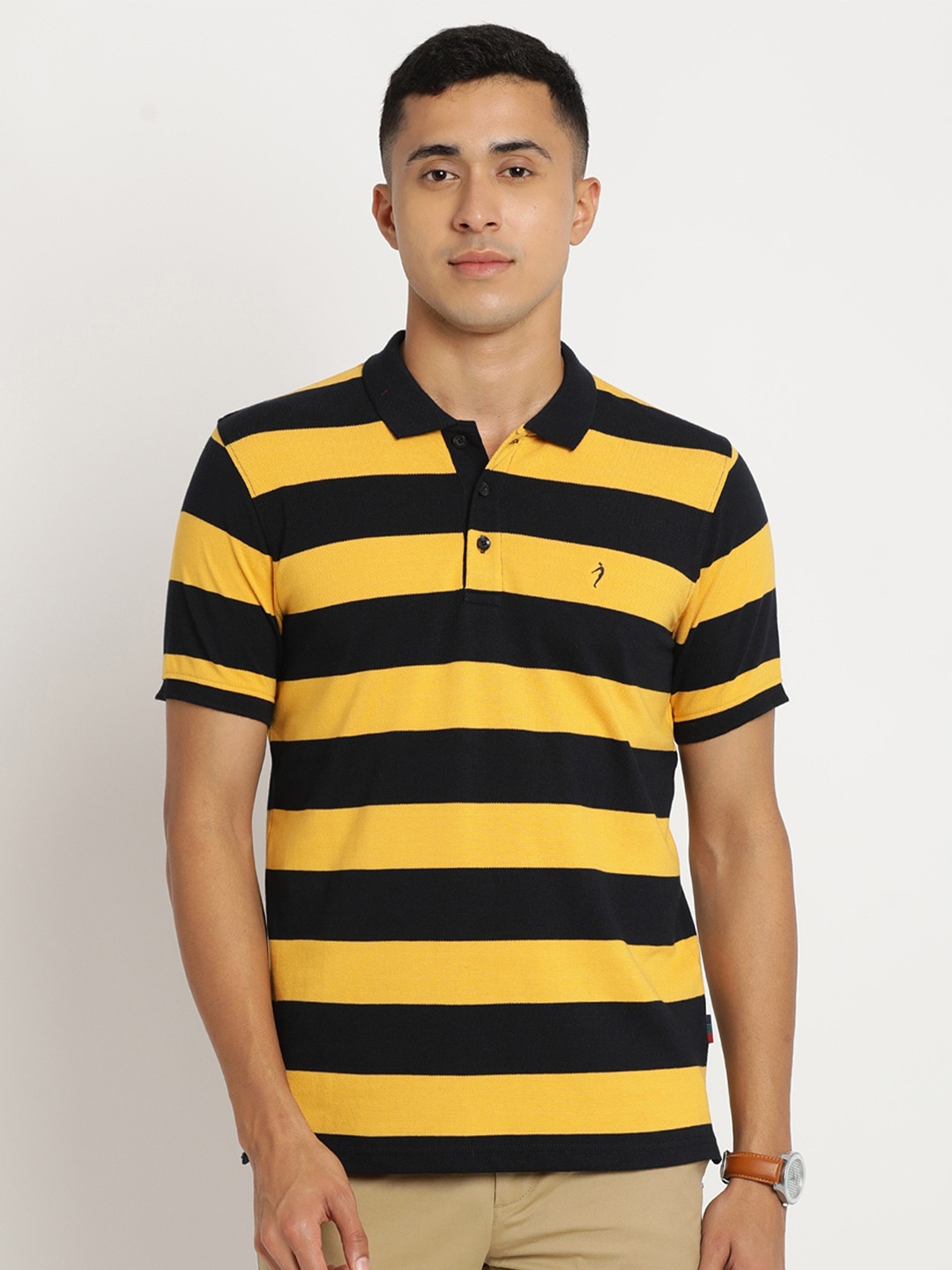 

Indian Terrain Men Striped Polo Collar Cotton Slim Fit T-shirt, Yellow