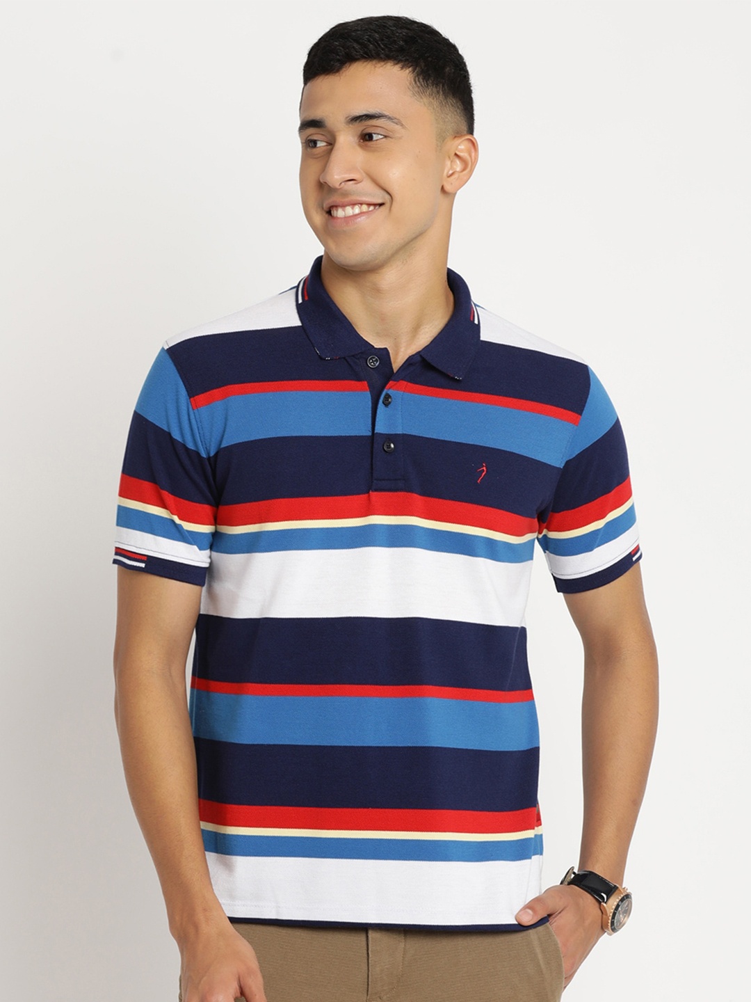 

Indian Terrain Men Striped Polo Collar Cotton Slim Fit T-shirt, Blue