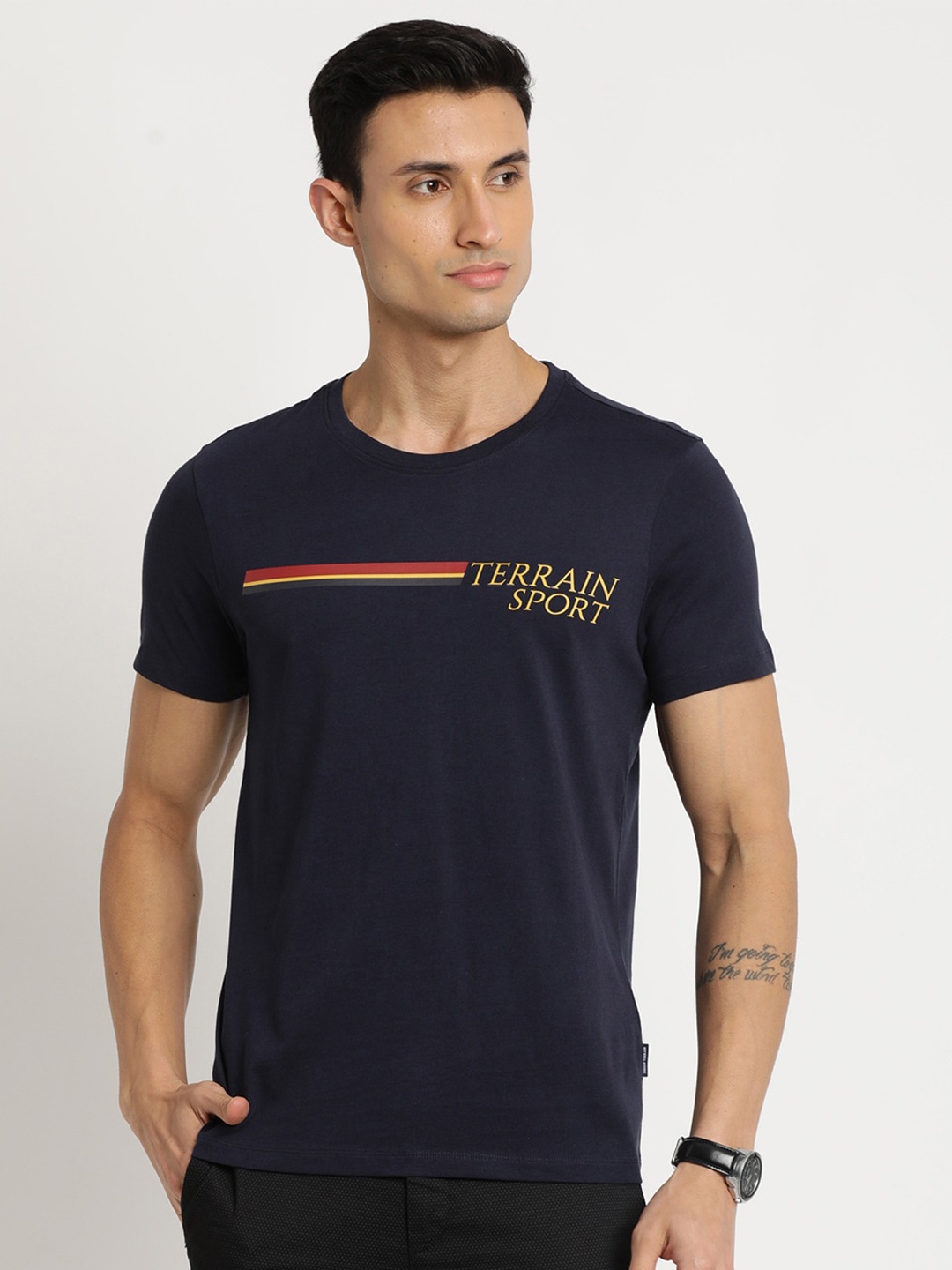 

Indian Terrain Men Typography Printed Cotton Slim Fit T-shirt, Blue
