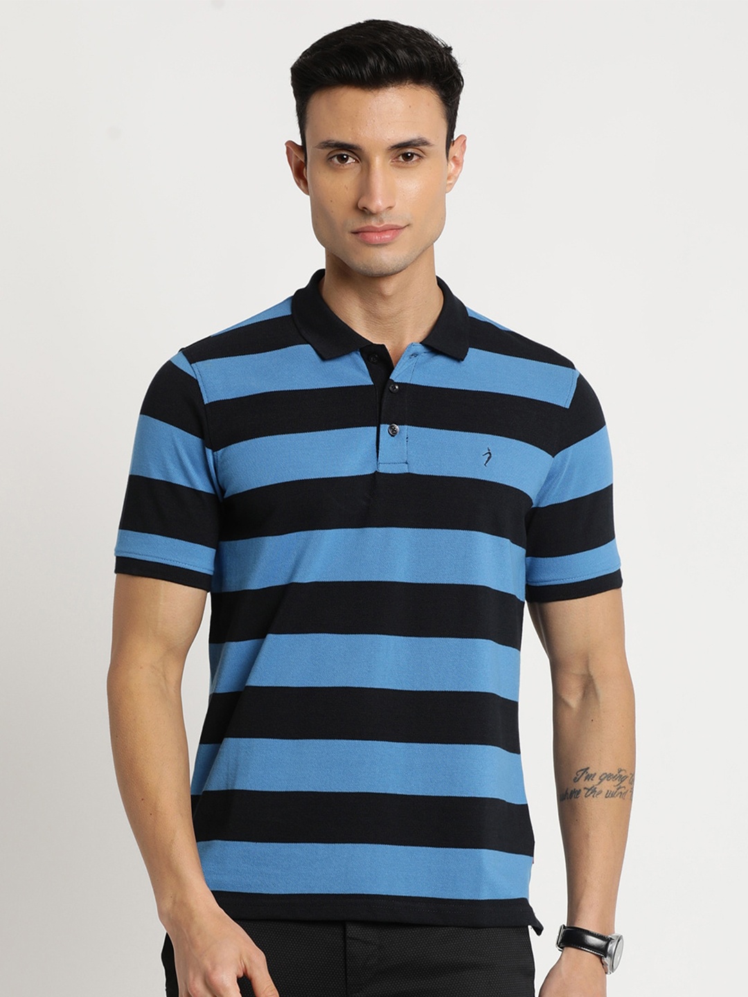 

Indian Terrain Men Striped Polo Collar Cotton Slim Fit T-shirt, Blue