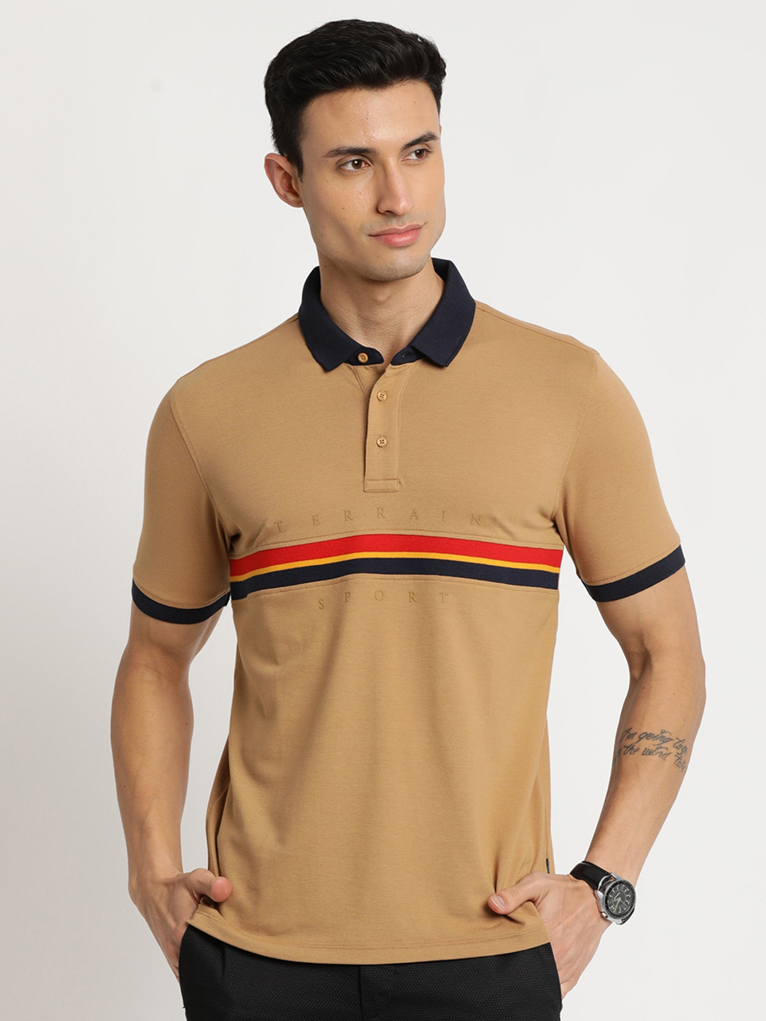 

Indian Terrain Men Striped Polo Collar Cotton Slim Fit T-shirt, Brown