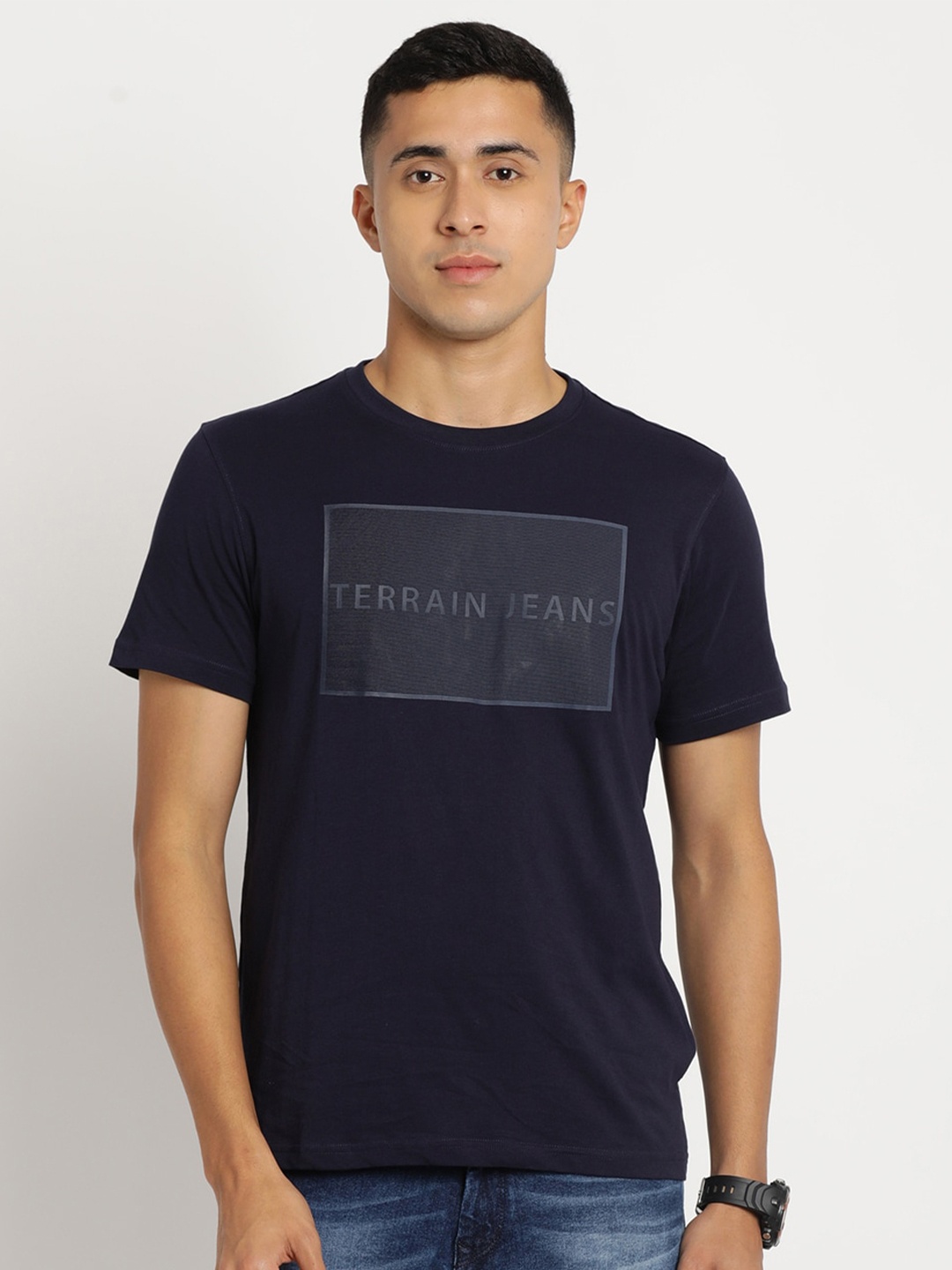 

Indian Terrain Men Typography Printed Cotton Slim Fit T-shirt, Blue