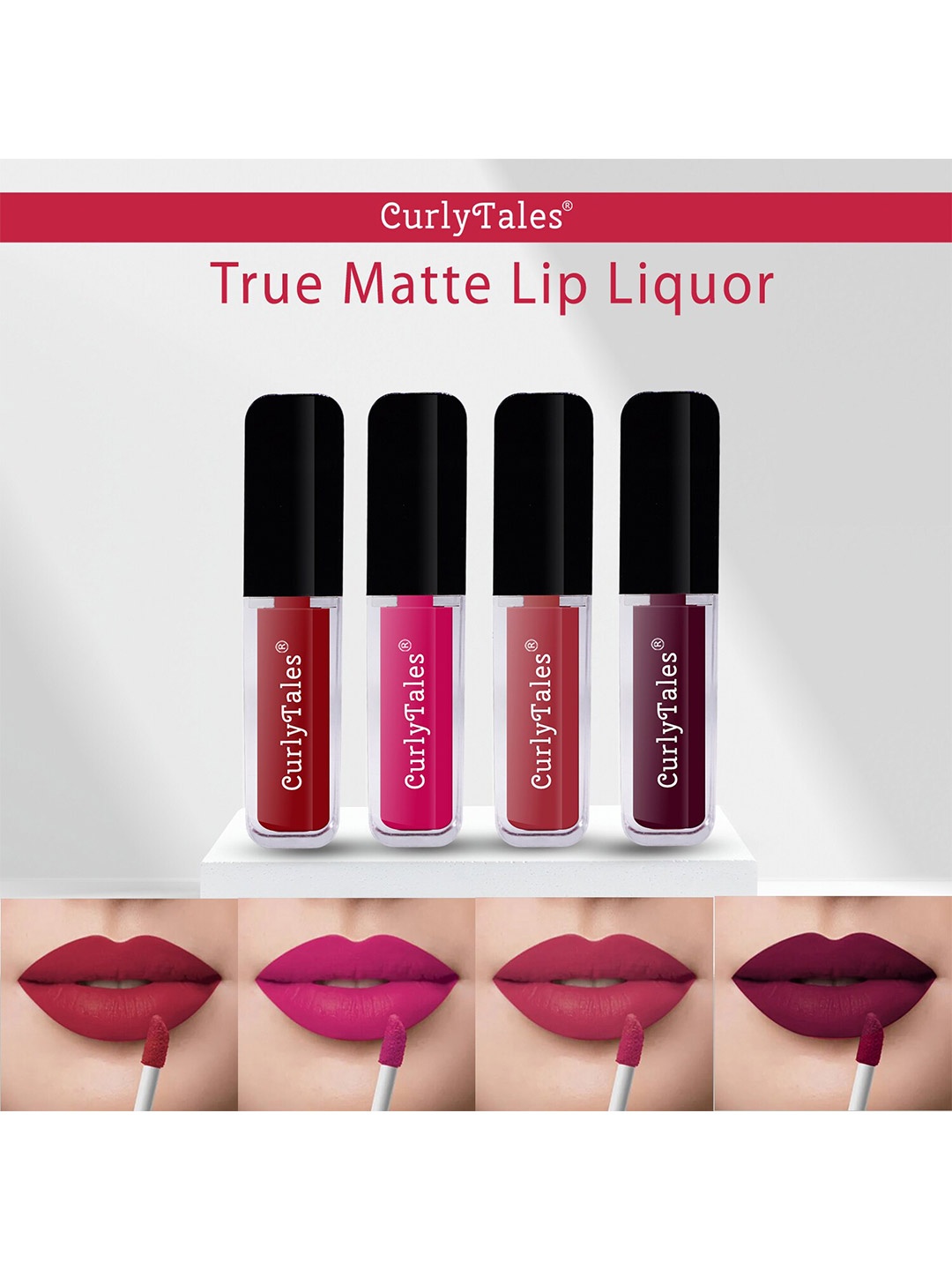 

CurlyTales Set Of 4 Lightweight & Waterproof True Matte Liquid Lipstick 16ml - 03+05+06+15, Maroon