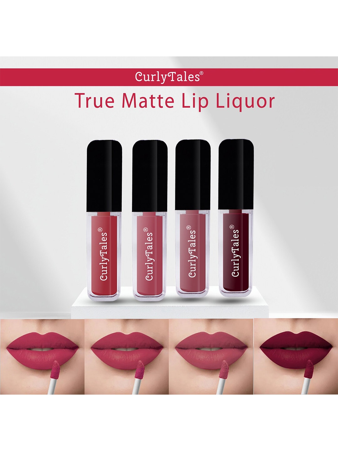 

CurlyTales Set Of 4 Lightweight & Waterproof True Matte Liquid Lipstick 16ml - 06+08+09+13, Nude