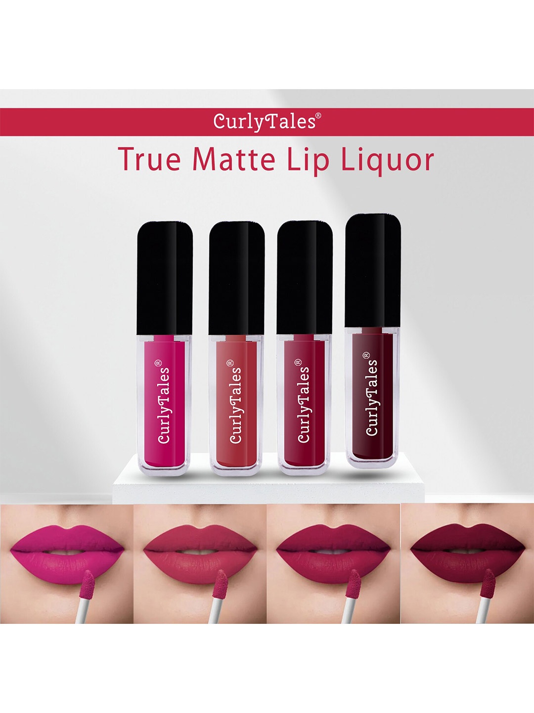 

CurlyTales Set Of 4 Lightweight & Waterproof True Matte Liquid Lipstick 16ml - 04+06+07+13, Pink