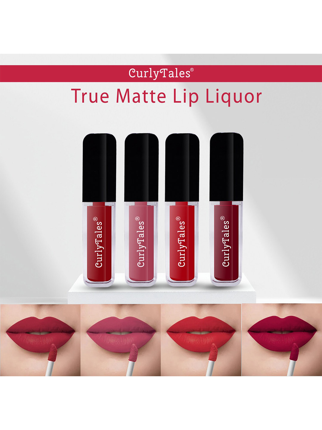 

CurlyTales Set Of 4 Lightweight & Waterproof True Matte Liquid Lipstick 16ml - 03+10+11+14, Maroon