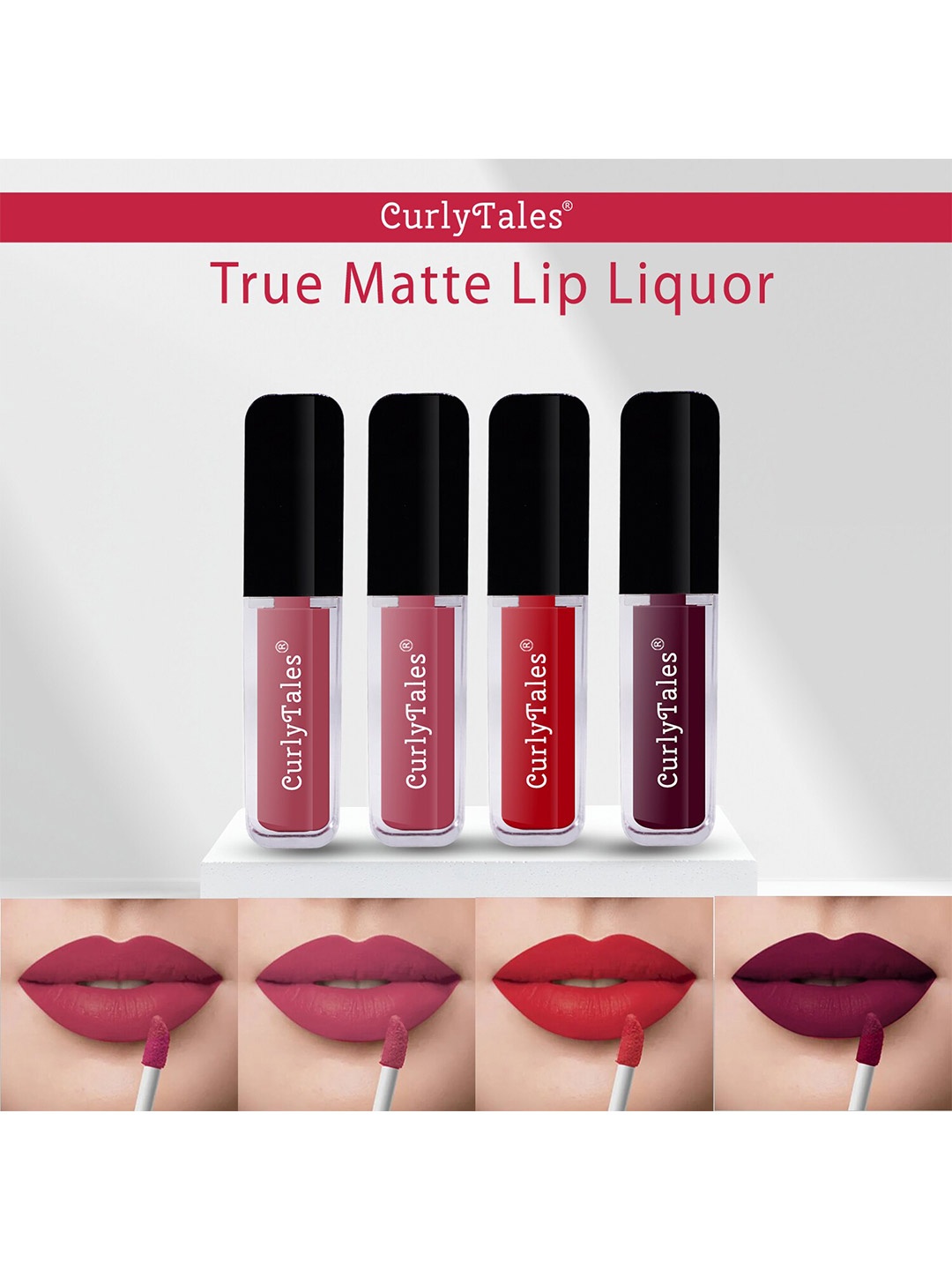 

CurlyTales Set Of 4 Lightweight & Waterproof True Matte Liquid Lipstick 16ml - 08+10+11+15, Red