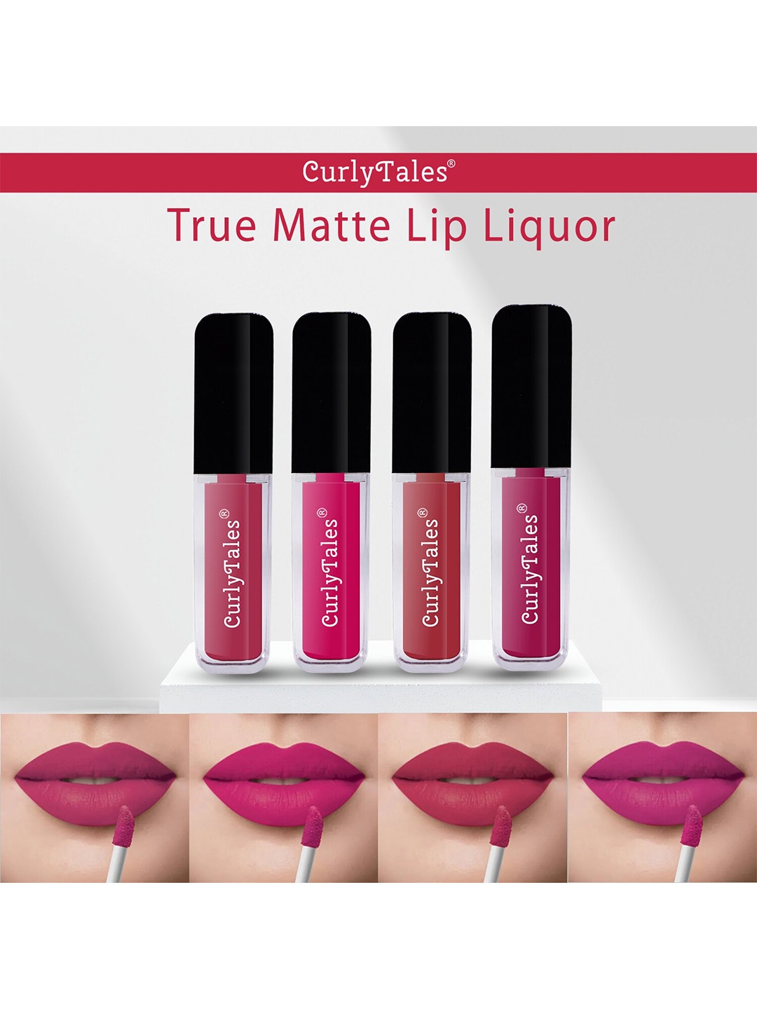 

CurlyTales Set Of 4 Lightweight & Waterproof True Matte Liquid Lipstick 16ml - 02+05+06+12, Pink