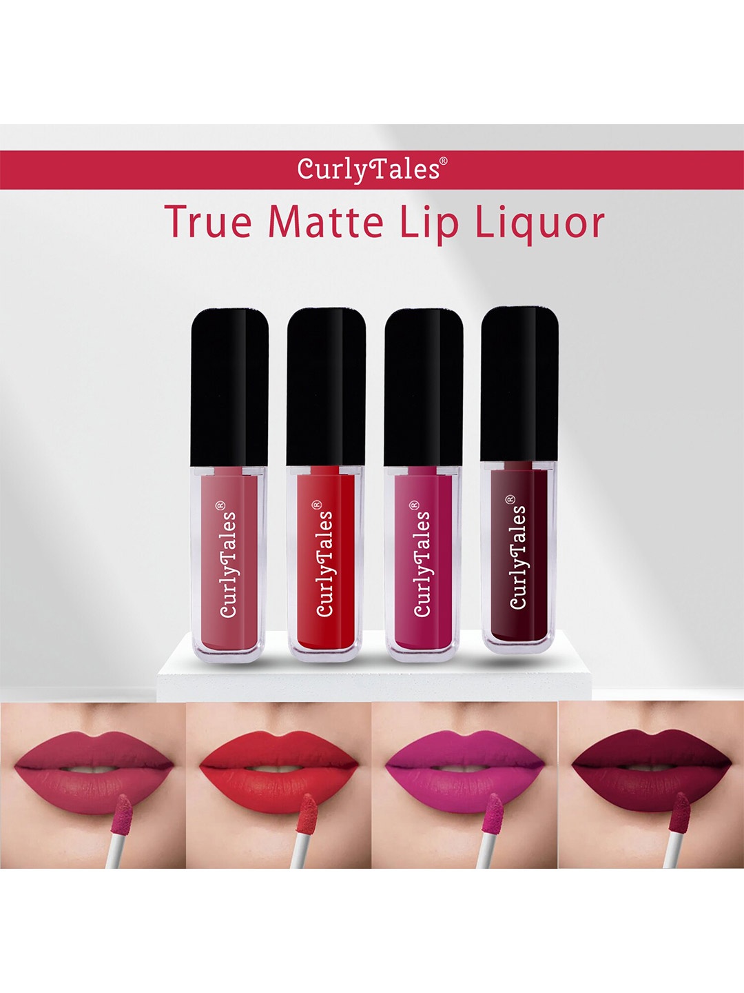 

CurlyTales Set Of 4 Lightweight & Waterproof True Matte Liquid Lipstick 16ml - 08+11+12+13, Red